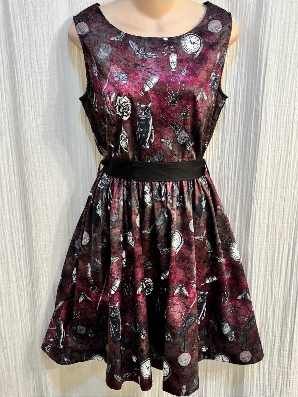 Gothic Lindy Bop Burgundy/Black Cat Novelty Fit & Flare Belted Bow Dress 8